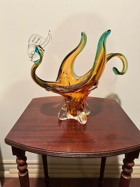Large vintage Handblown Amber-Teal Glass Swan Sculpture - Decorative Home Art